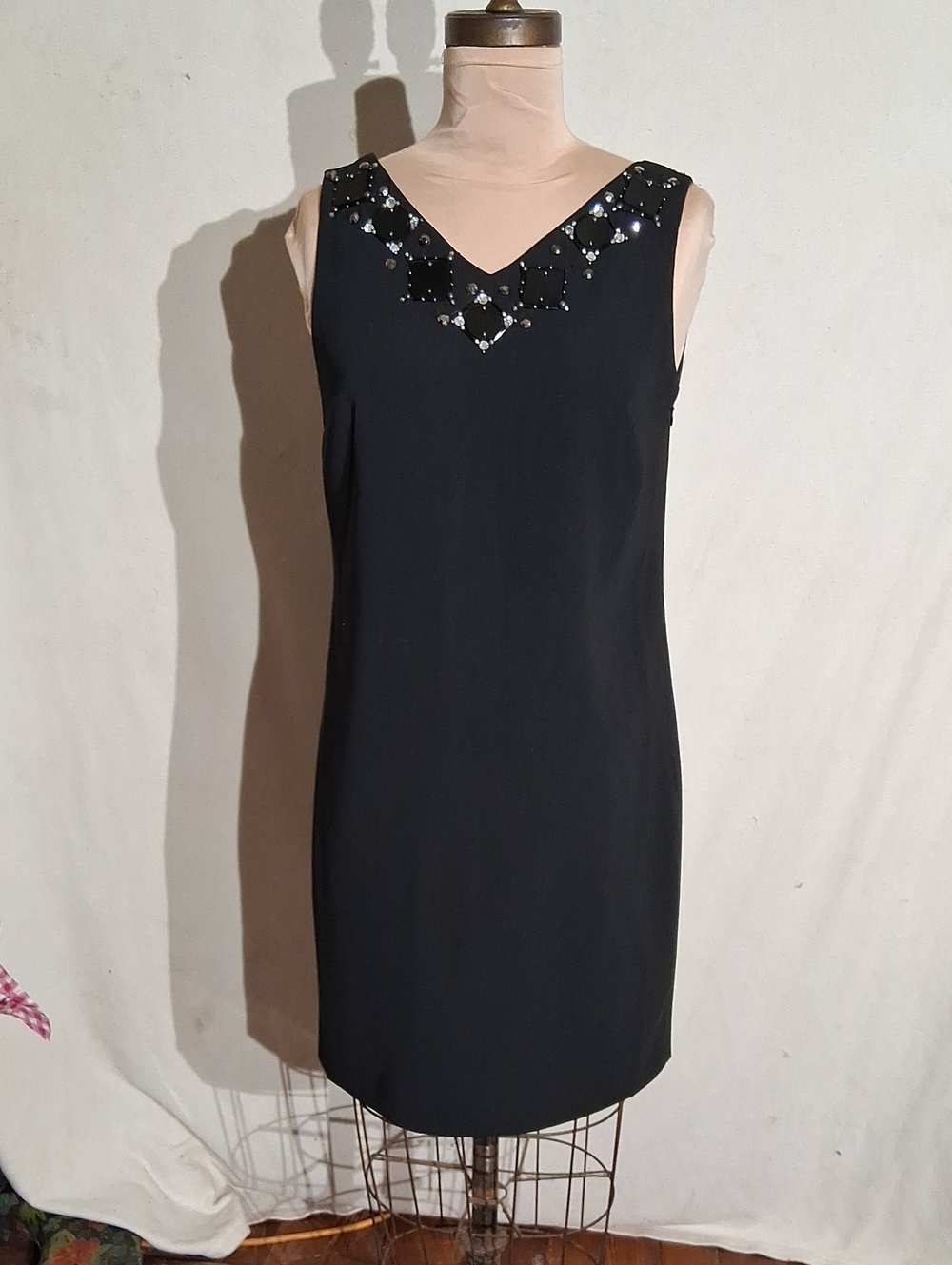 Ann Taylor Black Beaded V-Neck Sleeveless Dress With Deep V Back